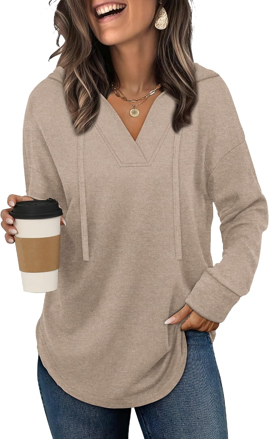 Brielle Women's V-Neck Hoodie – High-Low Hem, Long Sleeves & Relaxed Fit