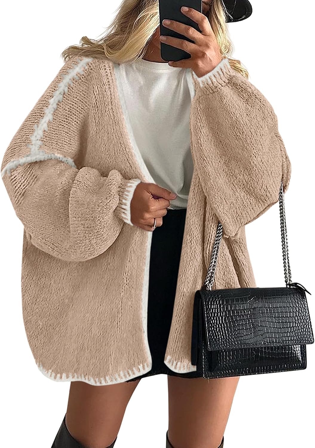 Josephine Women's Oversized Cardigan – Open Front, Lantern Sleeves & Longline Fit