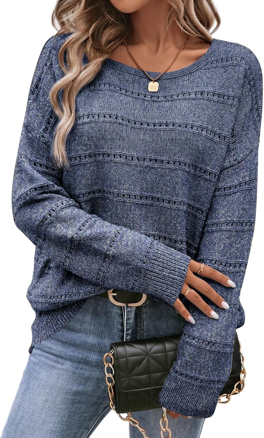 Mila Women's Hollow-Knit Sweater – Crew Neck, Drop Shoulders & Striped Texture