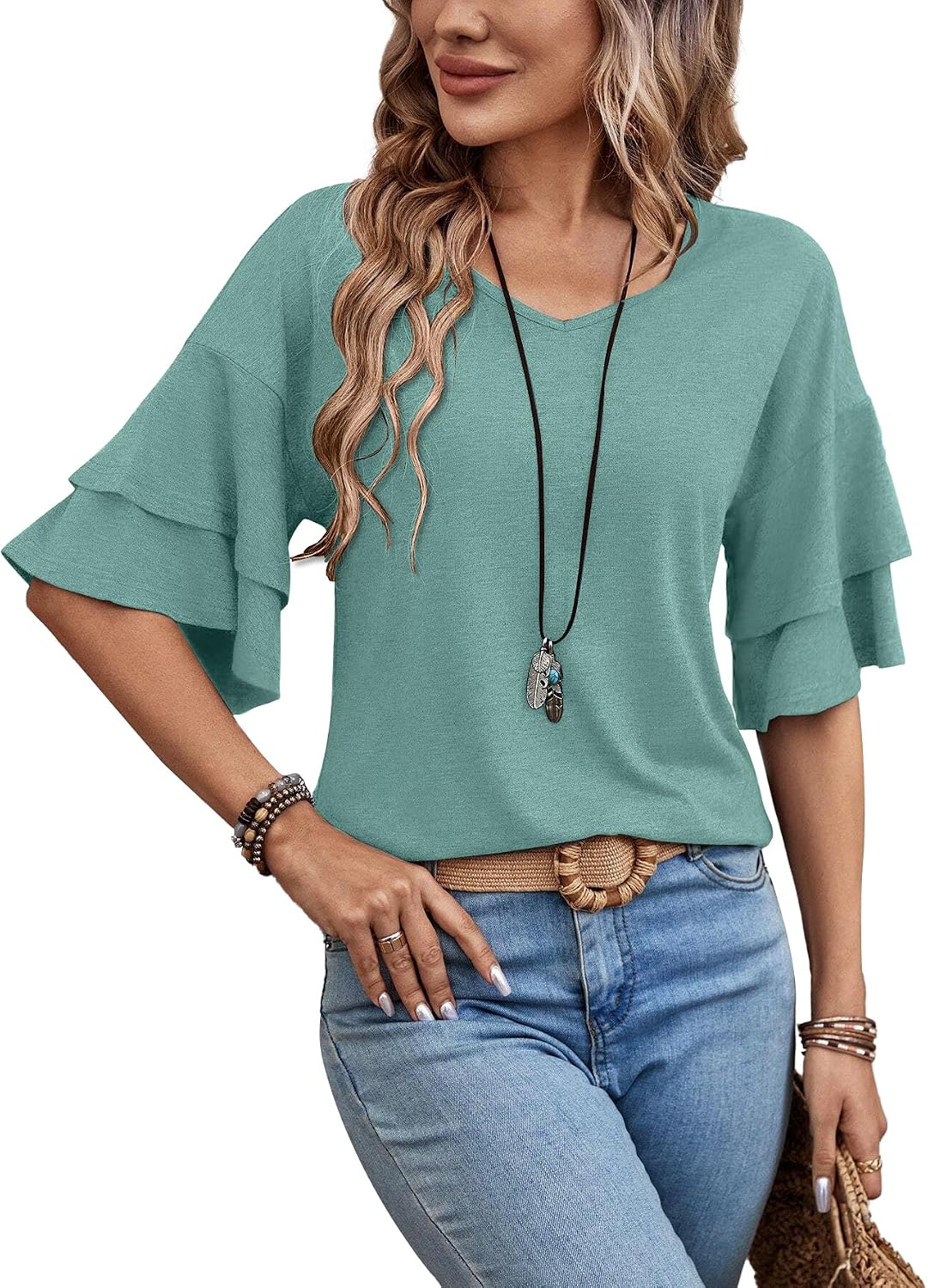 Celeste Women's V-Neck Blouse – 3/4 Ruffle Sleeves, Stretch Fabric & Relaxed Fit