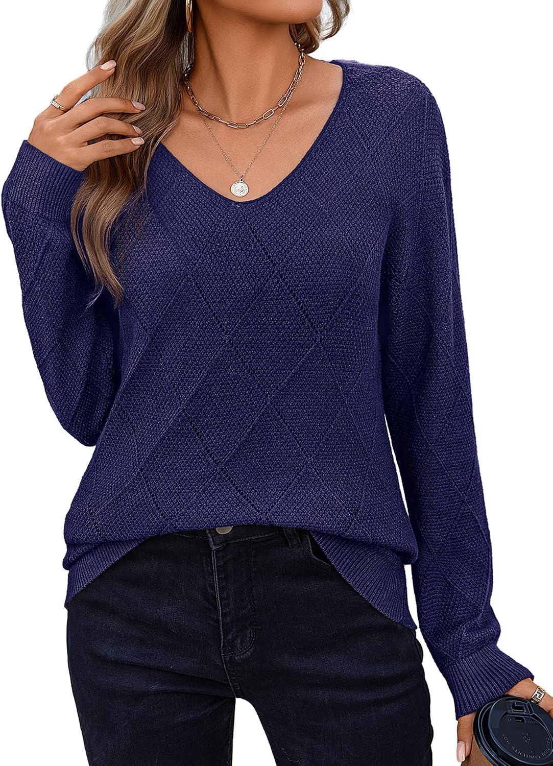 Tabitha Women's Crochet Knit Sweater – V-Neck, Long Sleeves & Relaxed Loose Fit
