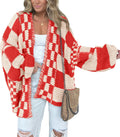Alina Women's Checkered Knit Cardigan – Open Front, V-Neck & Relaxed Fit