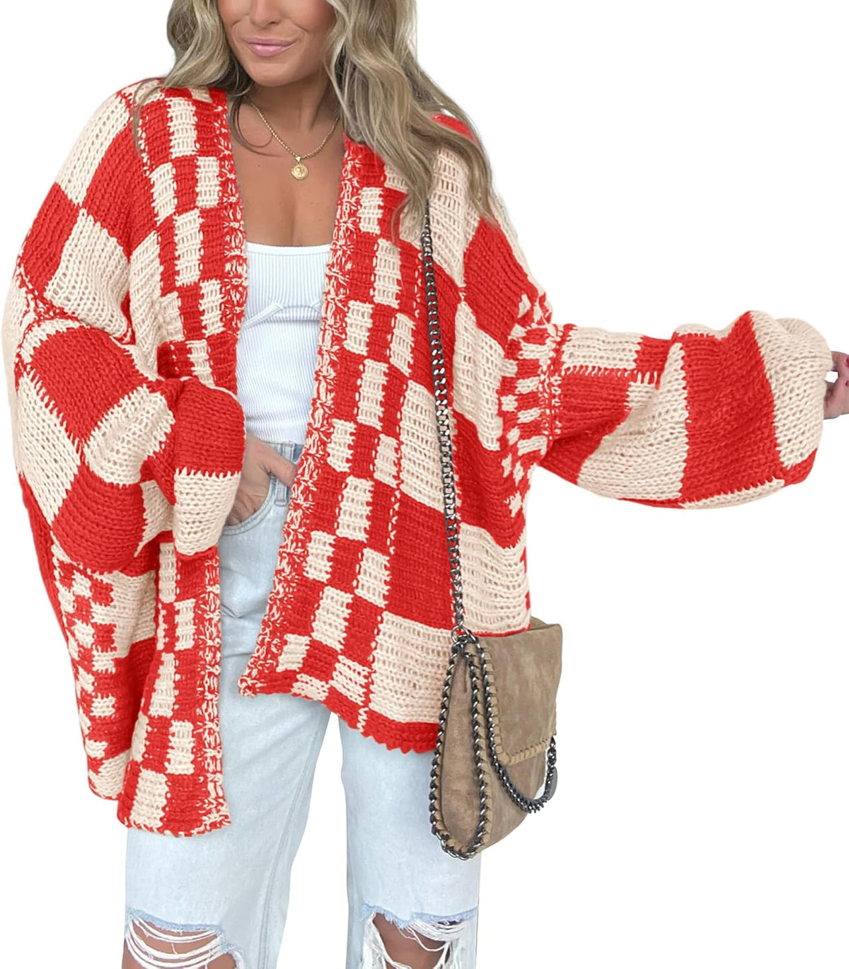 Alina Women's Checkered Knit Cardigan – Open Front, V-Neck & Relaxed Fit