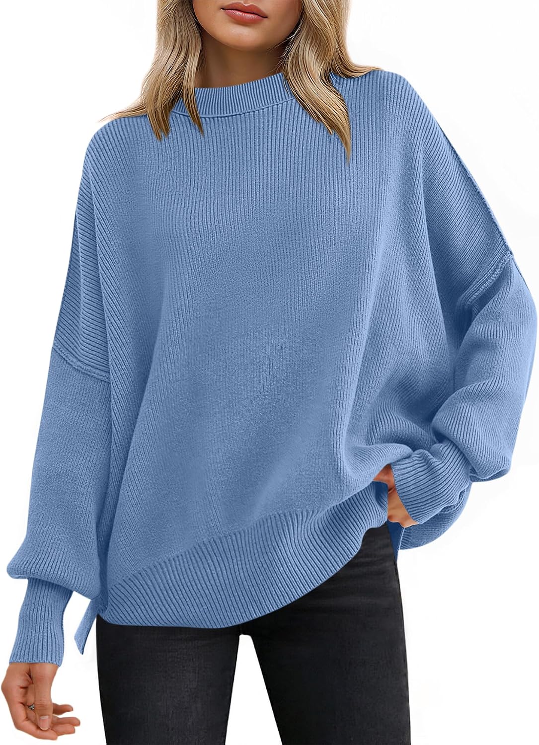 Harper Women's Ribbed Batwing Sweater – Crew Neck, Side Slits & Relaxed Fit
