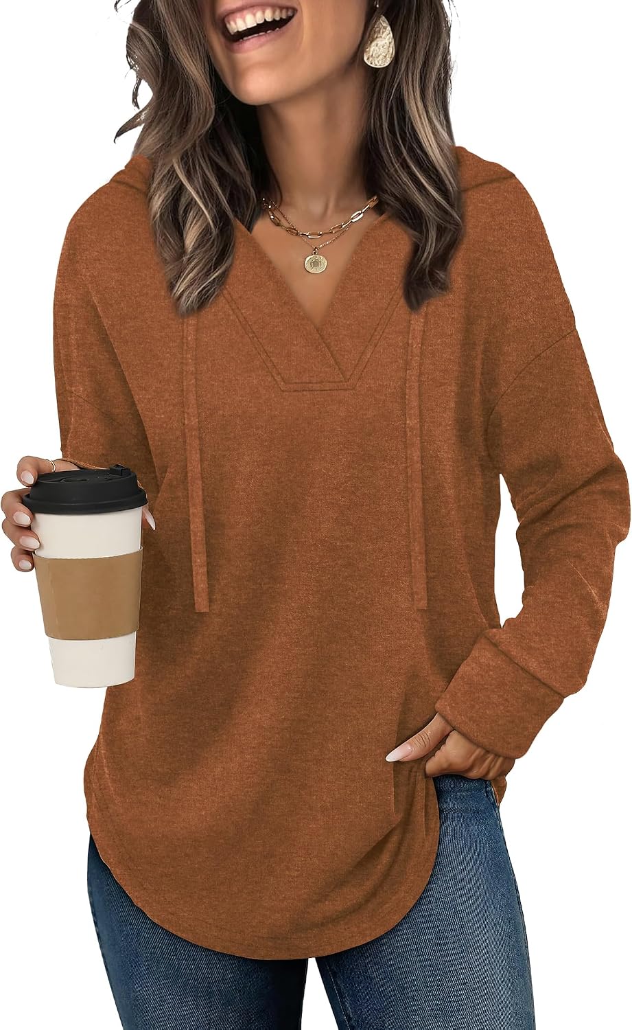 Brielle Women's V-Neck Hoodie – High-Low Hem, Long Sleeves & Relaxed Fit