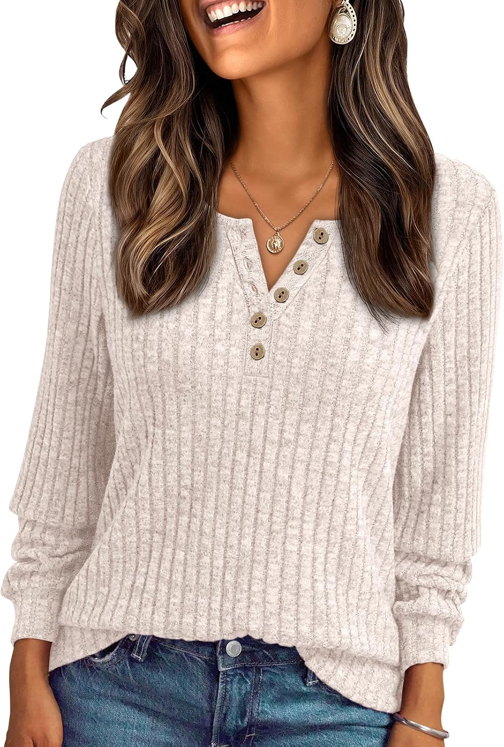 Katherine Women's Henley Sweater – Long Sleeves, Textured Fabric & Relaxed Fit