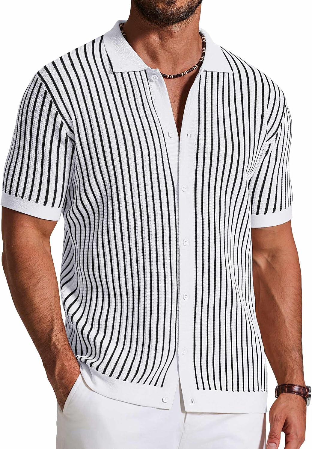 Samuel Men's Retro Knit Shirt – Colour-Block Stripes, Collar & Button-Down Front