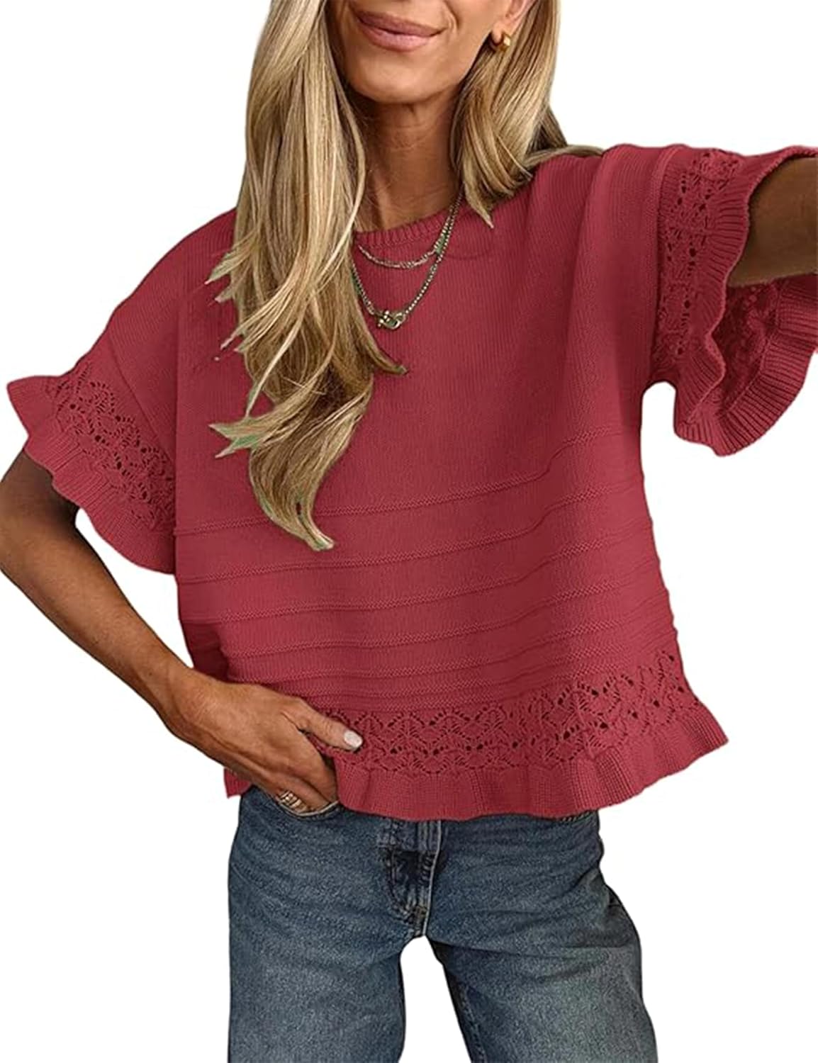 Olivia Women's Ruffle Knit Top – Round Neck, Short Sleeves & Cotton Blend