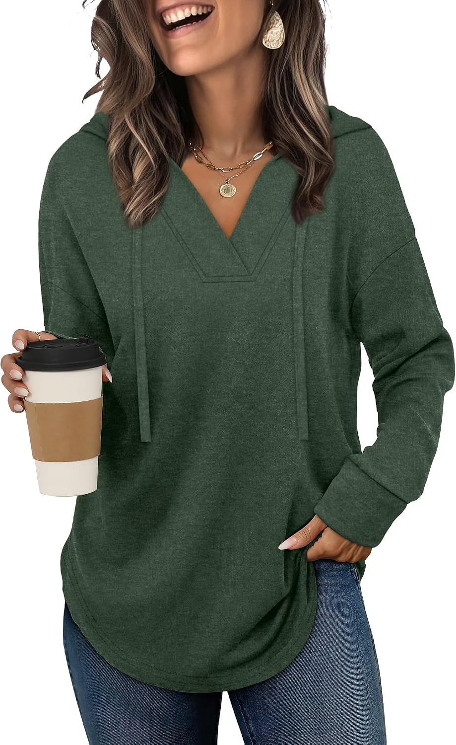 Brielle Women's V-Neck Hoodie – High-Low Hem, Long Sleeves & Relaxed Fit
