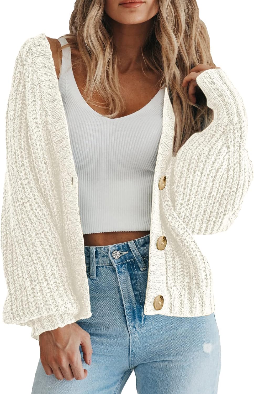 Danielle Women's Oversized Knit Cardigan – Deep V-Neck, Button Front & Chunky Knit
