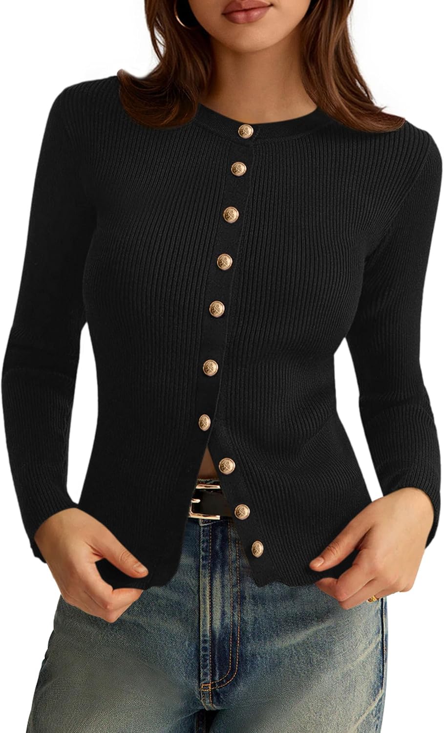 Eleanor Women's Ribbed Cardigan – Crew Neck, Button Front & Slim Fit