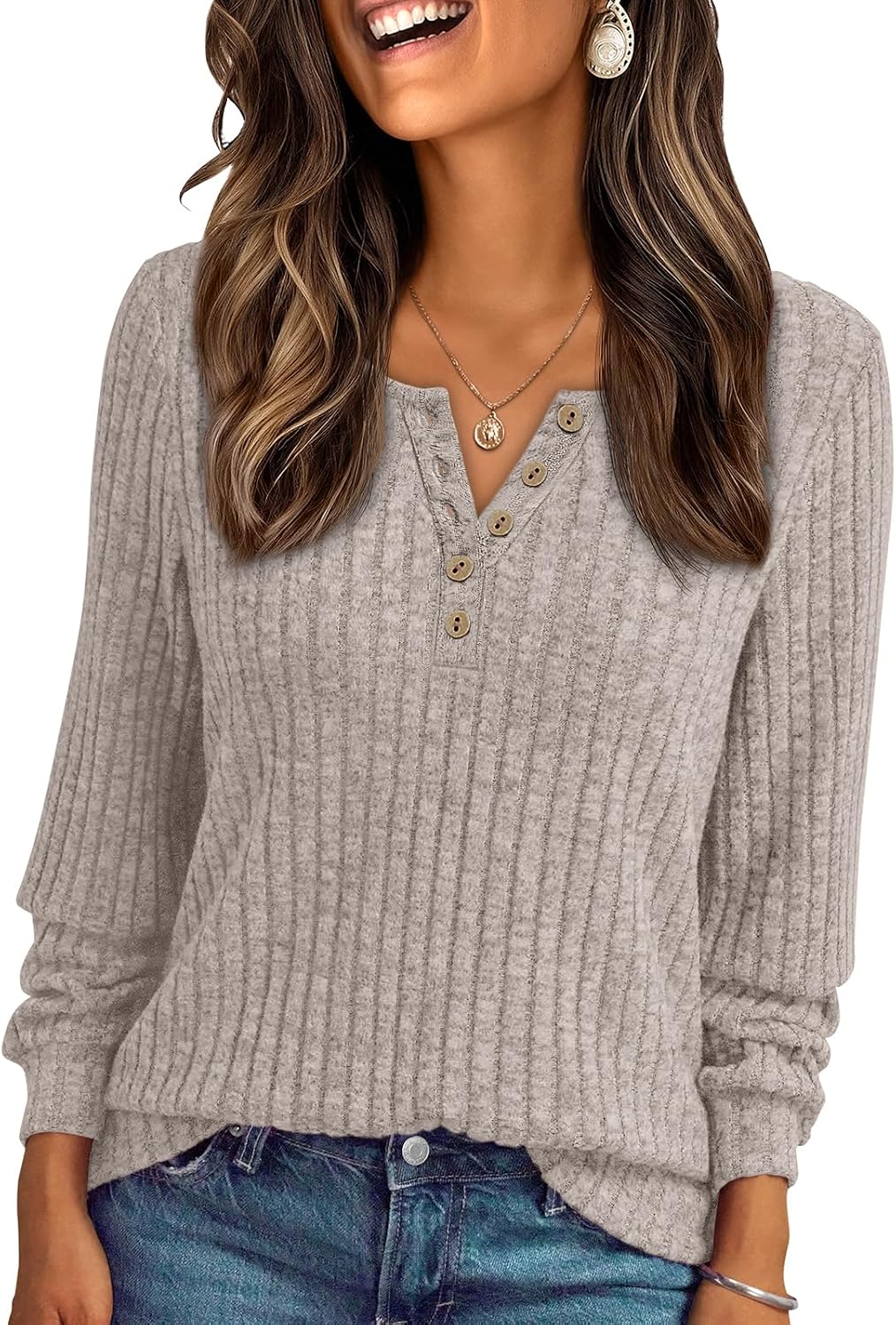 Katherine Women's Henley Sweater – Long Sleeves, Textured Fabric & Relaxed Fit