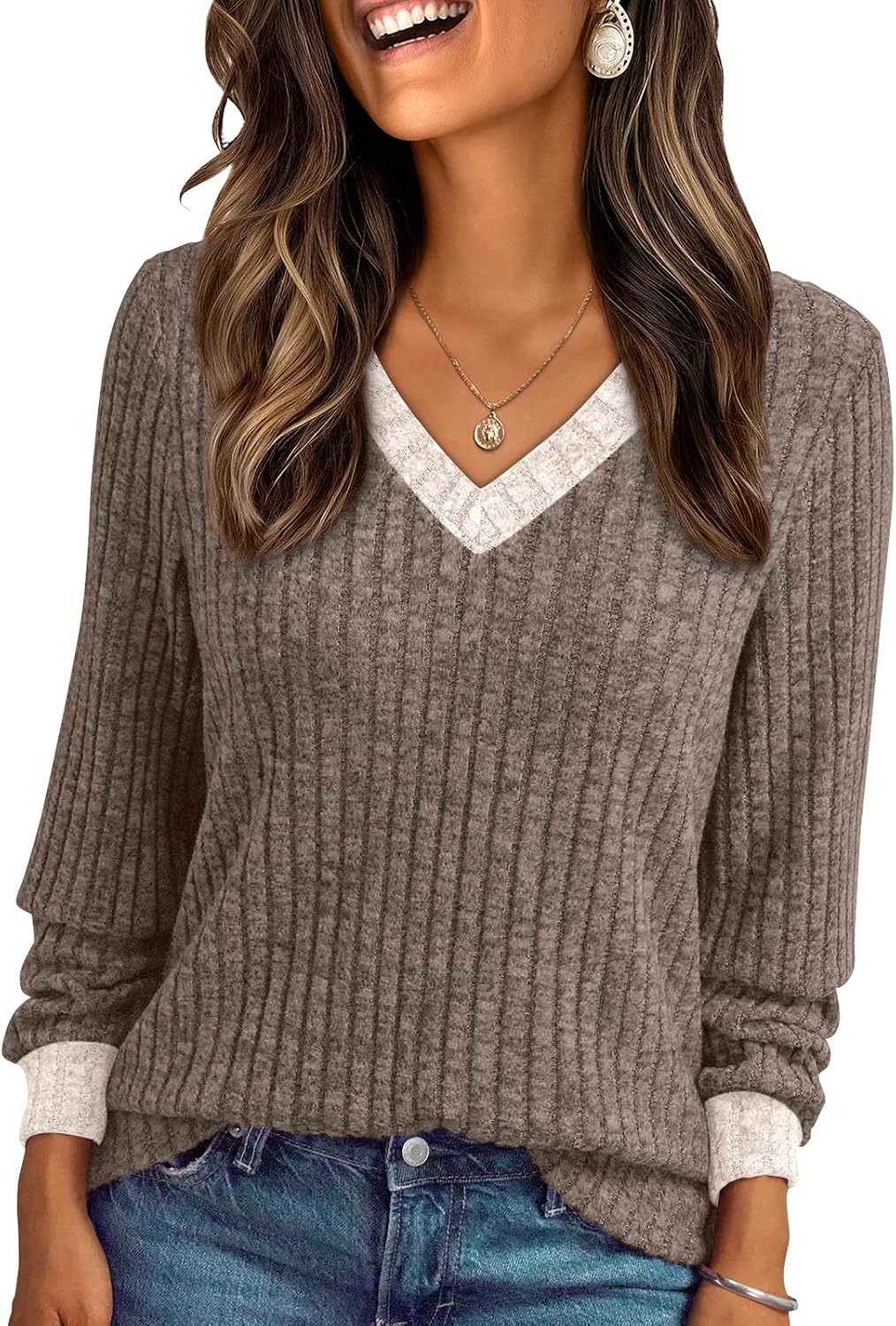 Nicole Women's V-Neck Sweater – Long Sleeves, Lightweight Knit & Relaxed Loose Fit