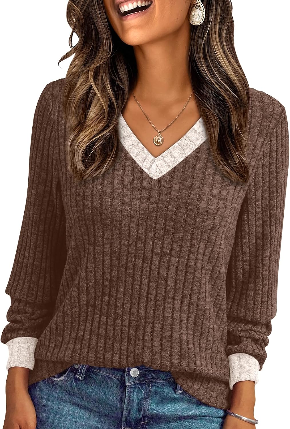 Nicole Women's V-Neck Sweater – Long Sleeves, Lightweight Knit & Relaxed Loose Fit