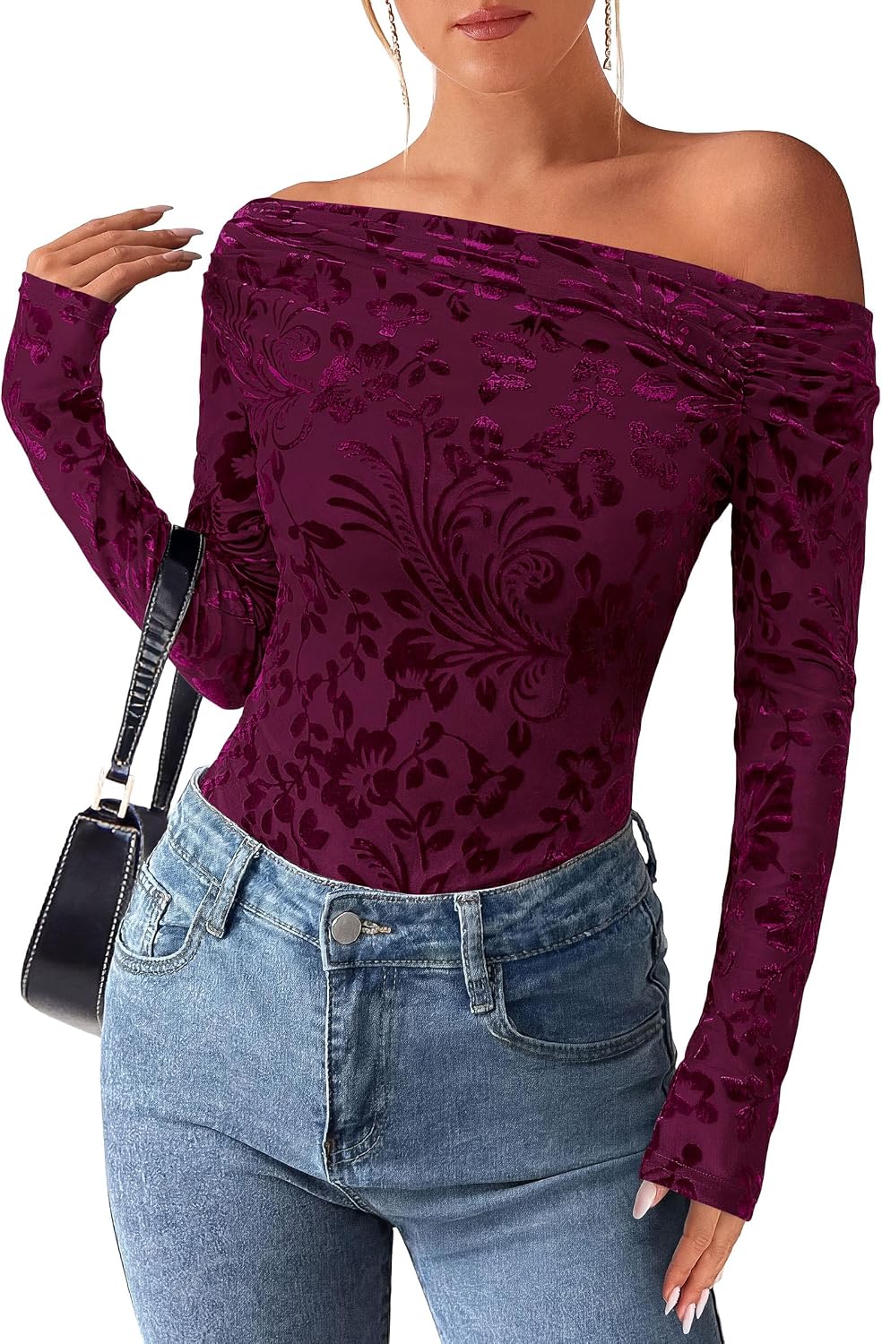 Juliet Women's Floral Off-Shoulder Top – Asymmetric Neckline, Long Sleeves & Slim Fit