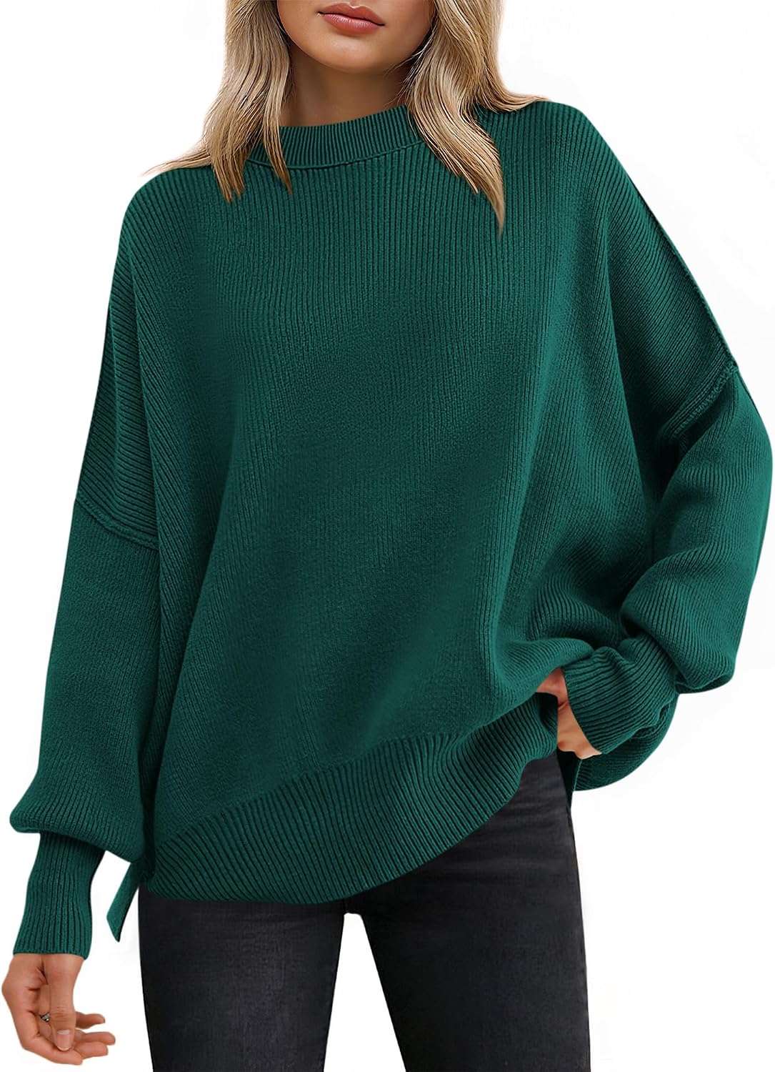 Harper Women's Ribbed Batwing Sweater – Crew Neck, Side Slits & Relaxed Fit