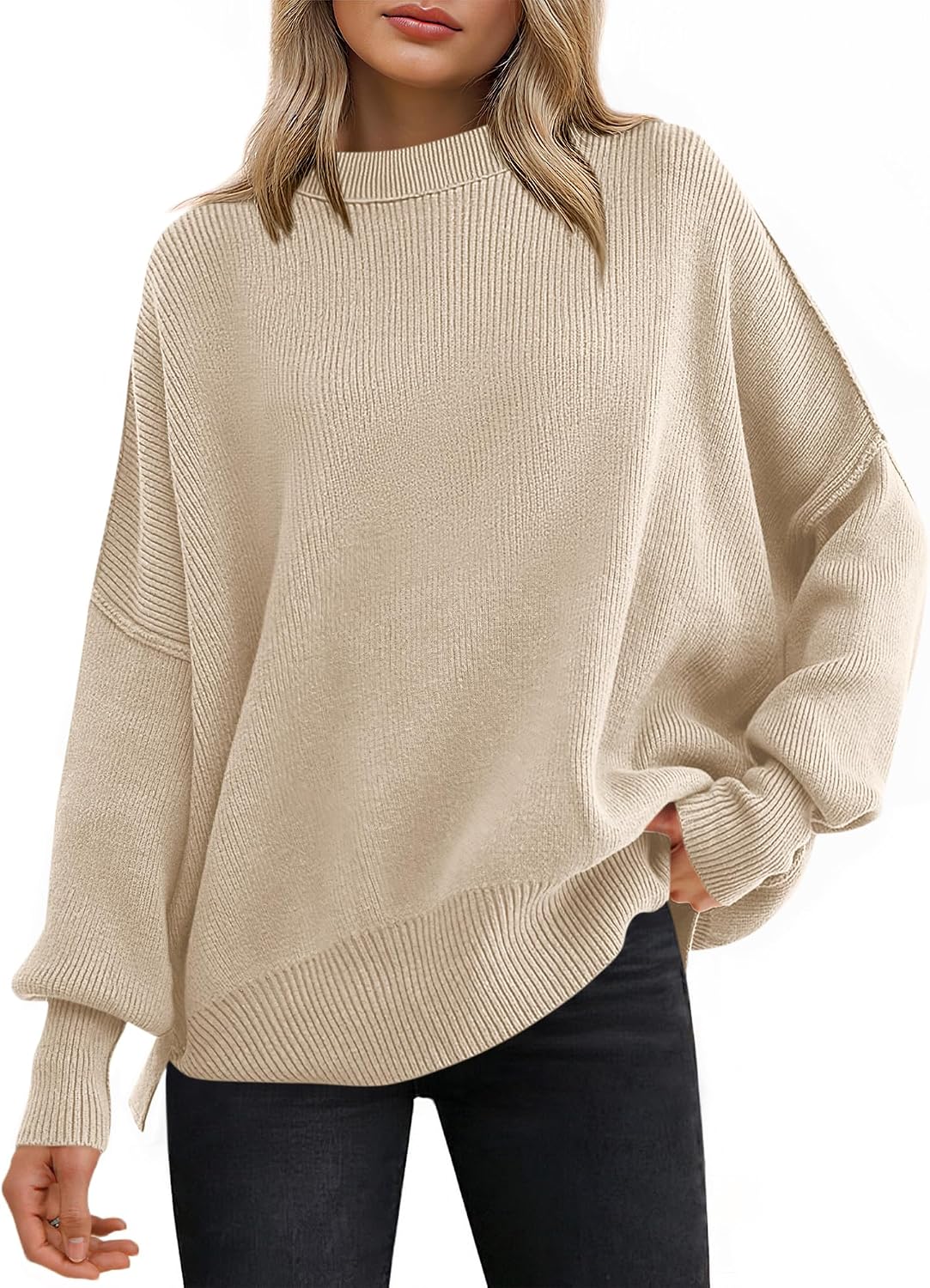 Harper Women's Ribbed Batwing Sweater – Crew Neck, Side Slits & Relaxed Fit