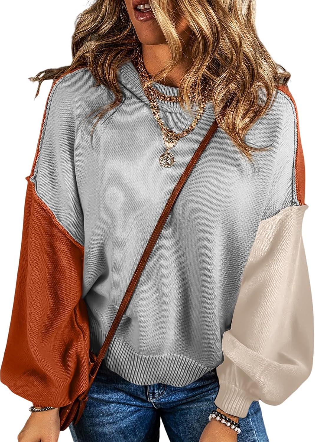 Nina Women's Colourblock Sweater – Bishop Sleeves, Crew Neck & Cotton Knit