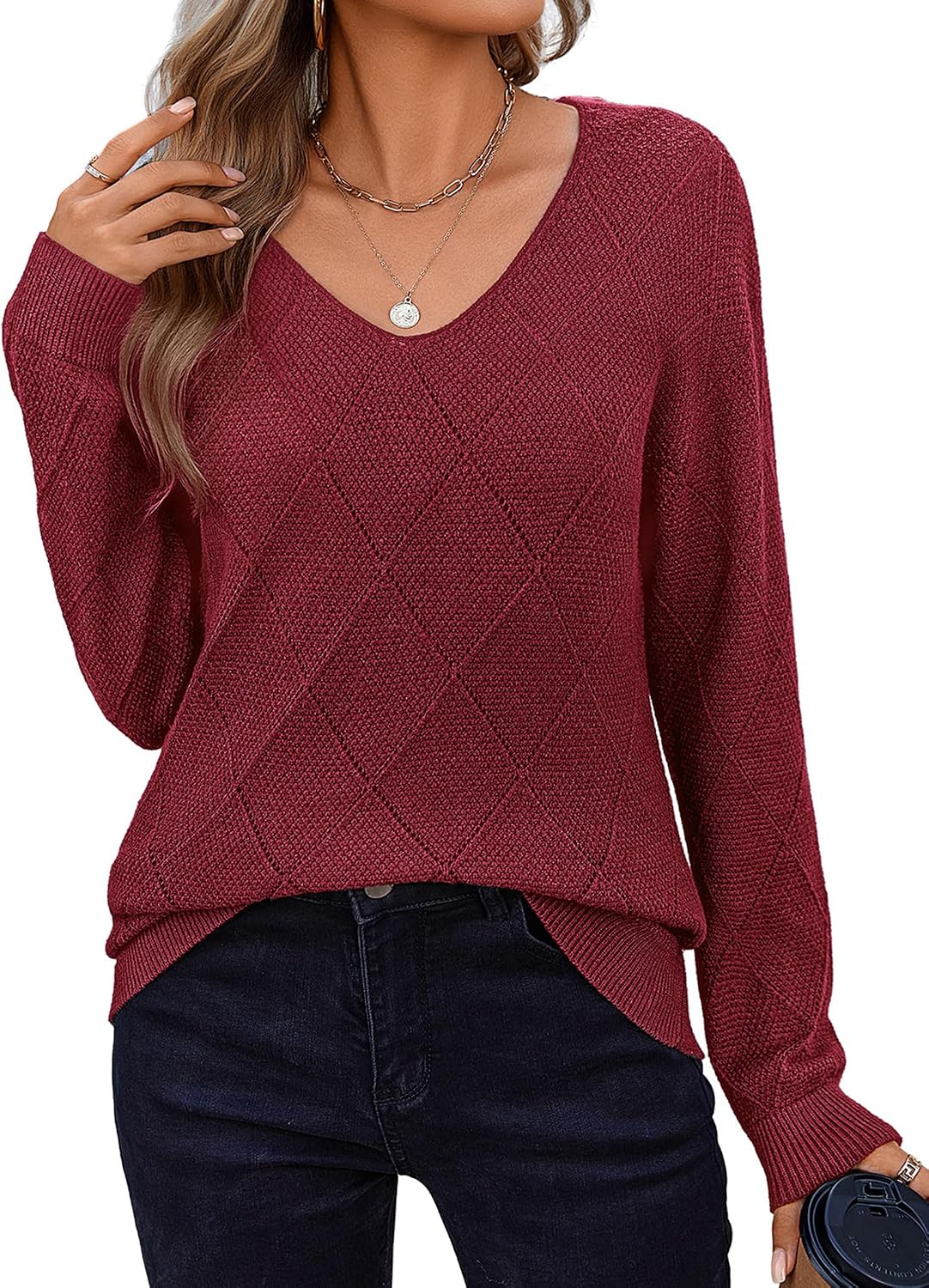 Tabitha Women's Crochet Knit Sweater – V-Neck, Long Sleeves & Relaxed Loose Fit