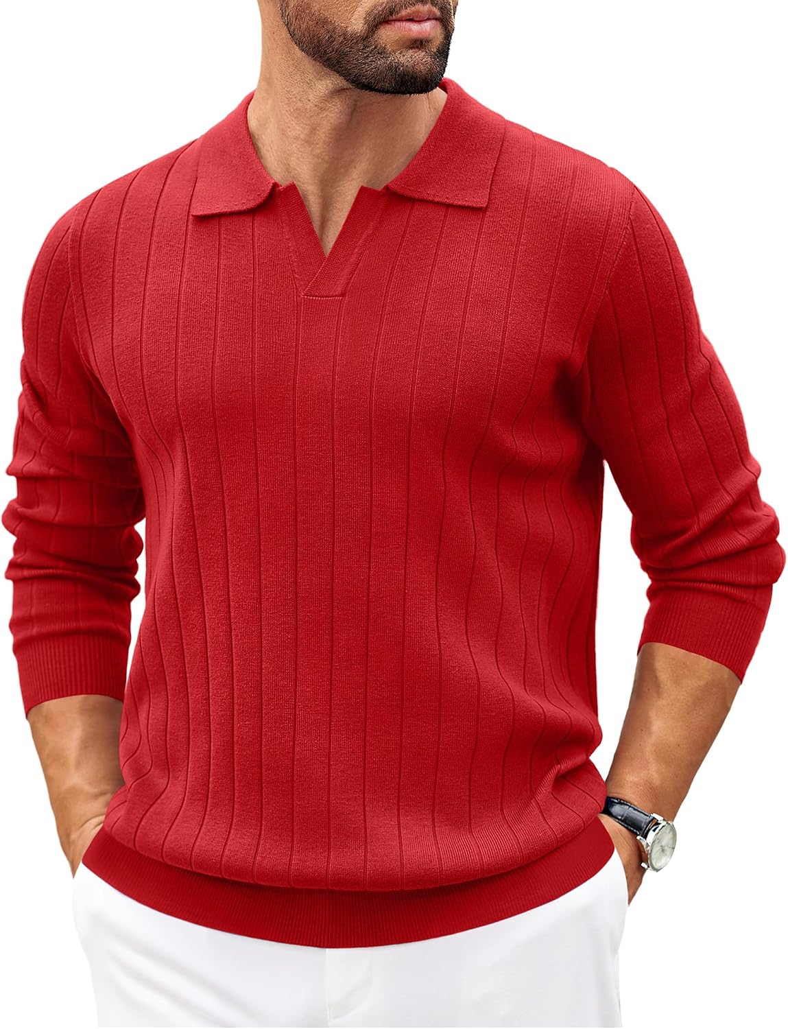 Benjamin Men's Knit Polo Sweater – V-Neck Collar, Wide Stripe Texture & Ribbed Trims