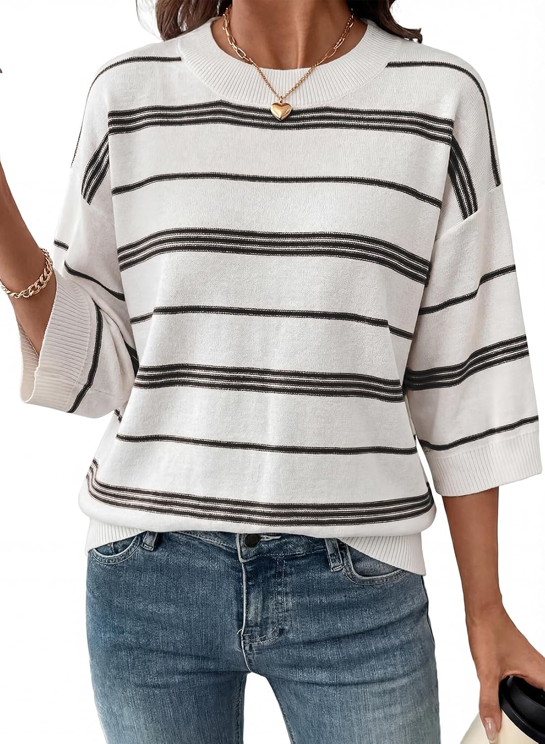 Esme Women's Colourblock Sweater – 3/4 Sleeves, Drop Shoulders & Oversized Fit