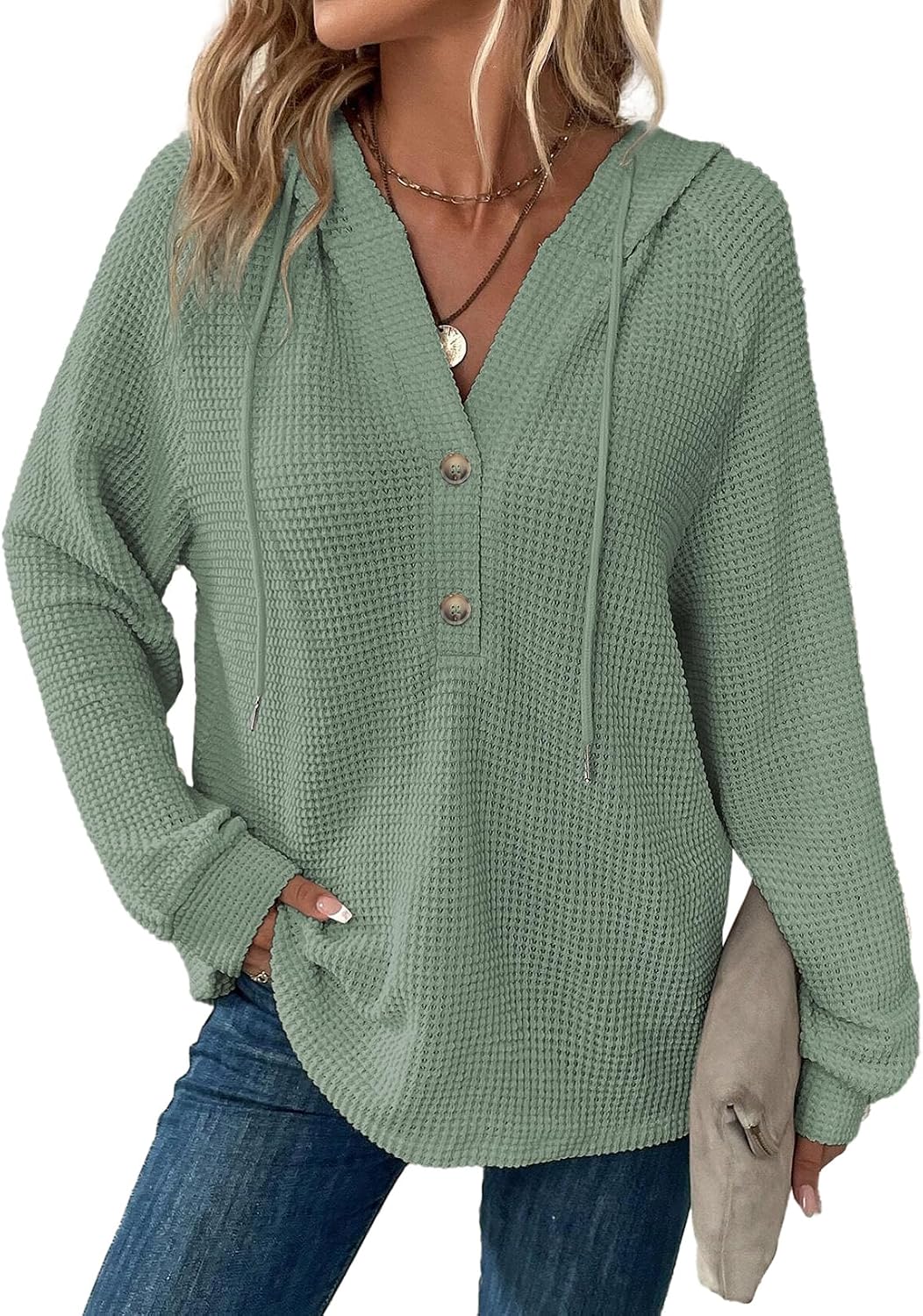 Hannah Women's Waffle Knit Hoodie – V-Neck, Button Front & Oversized Fit