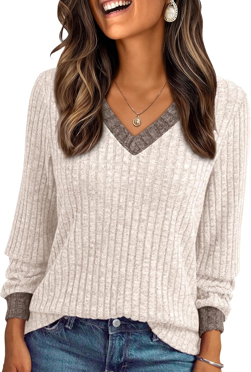 Nicole Women's V-Neck Sweater – Long Sleeves, Lightweight Knit & Relaxed Loose Fit