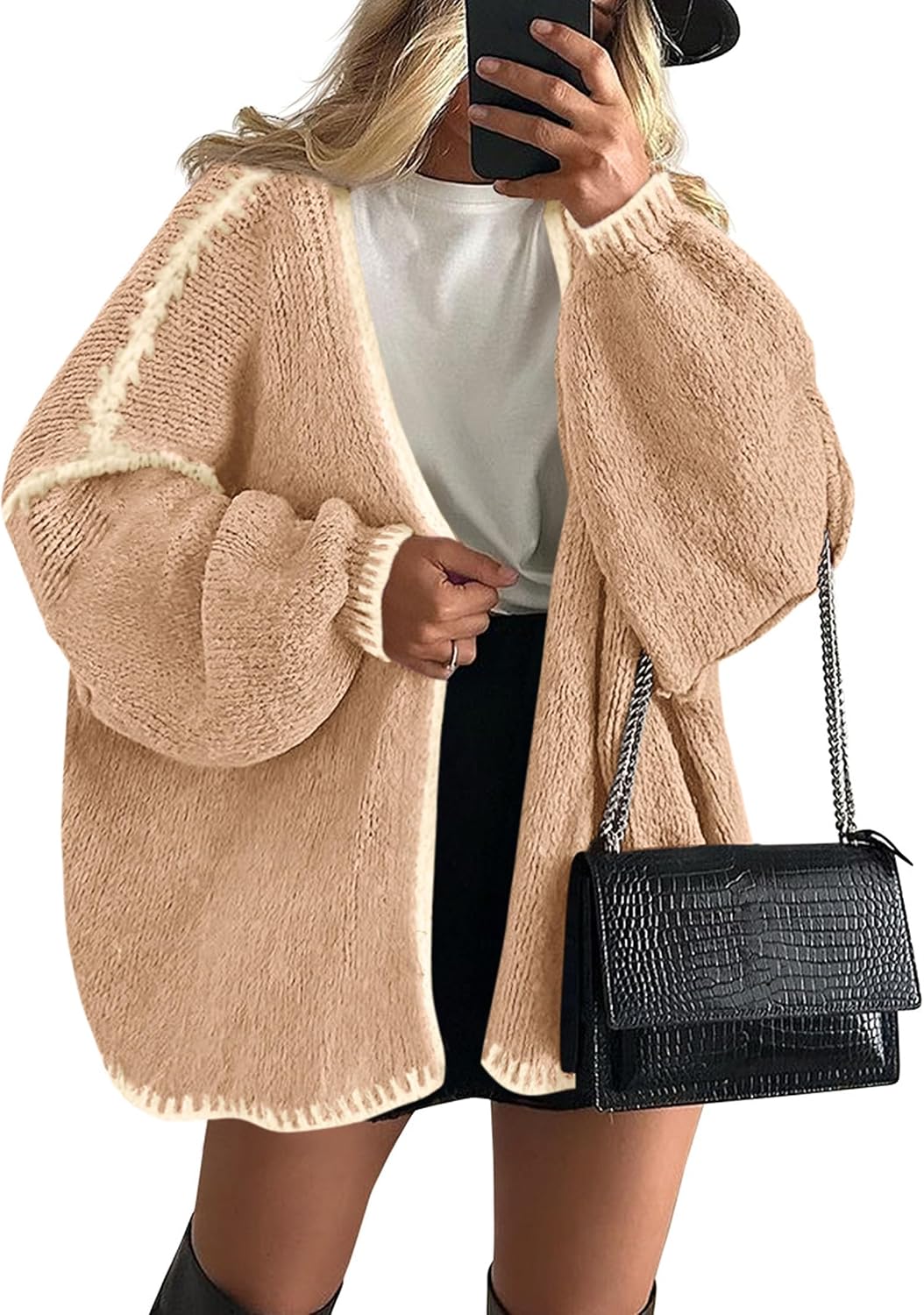 Josephine Women's Oversized Cardigan – Open Front, Lantern Sleeves & Longline Fit