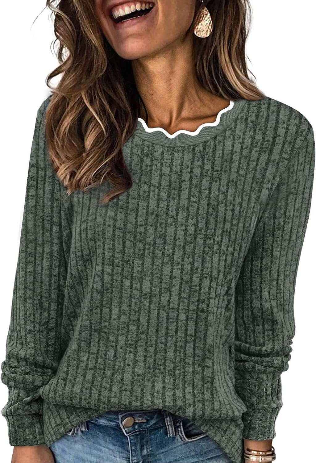 Marissa Women's Scallop Neck Sweater – Long Sleeves, Relaxed Fit & Soft Knit