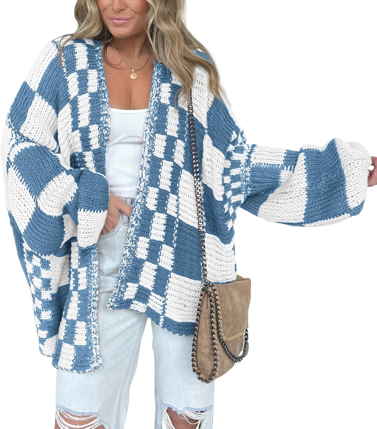 Alina Women's Checkered Knit Cardigan – Open Front, V-Neck & Relaxed Fit