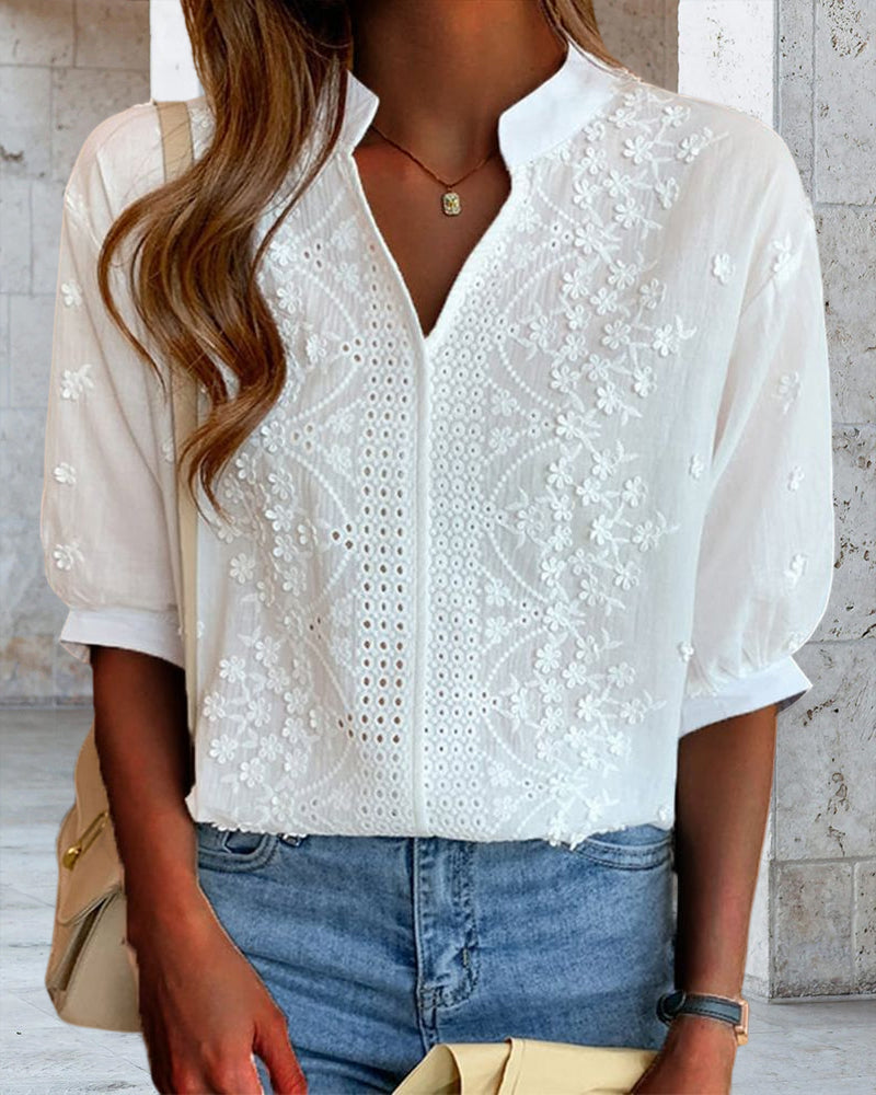 Sophie Women's Blouse – V-Neck Top with Puff Sleeves, Cotton Blend & Patchwork Accents