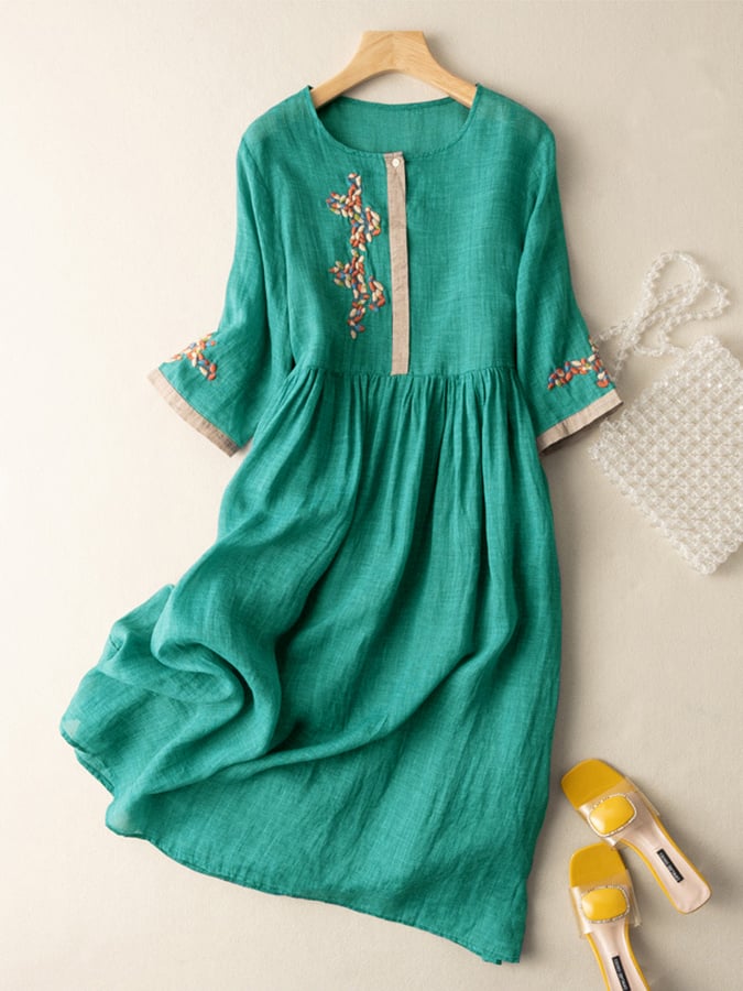 Nadia Women's Dress – Embroidered Cotton-Linen Dress with Ethnic-Inspired Design and Relaxed Fit