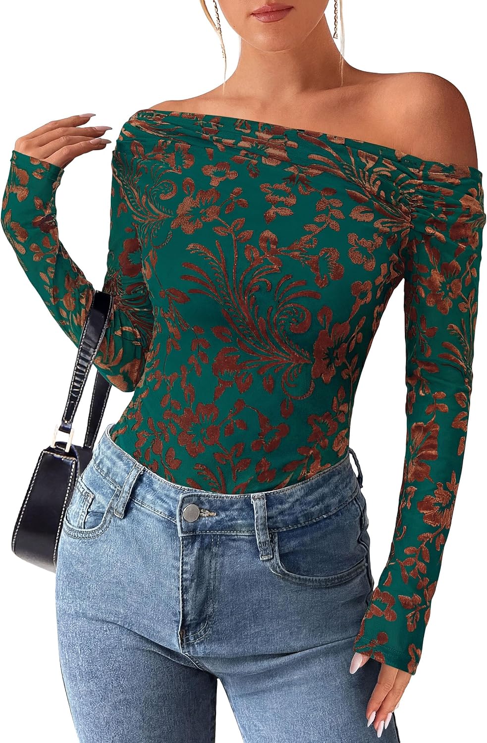 Juliet Women's Floral Off-Shoulder Top – Asymmetric Neckline, Long Sleeves & Slim Fit