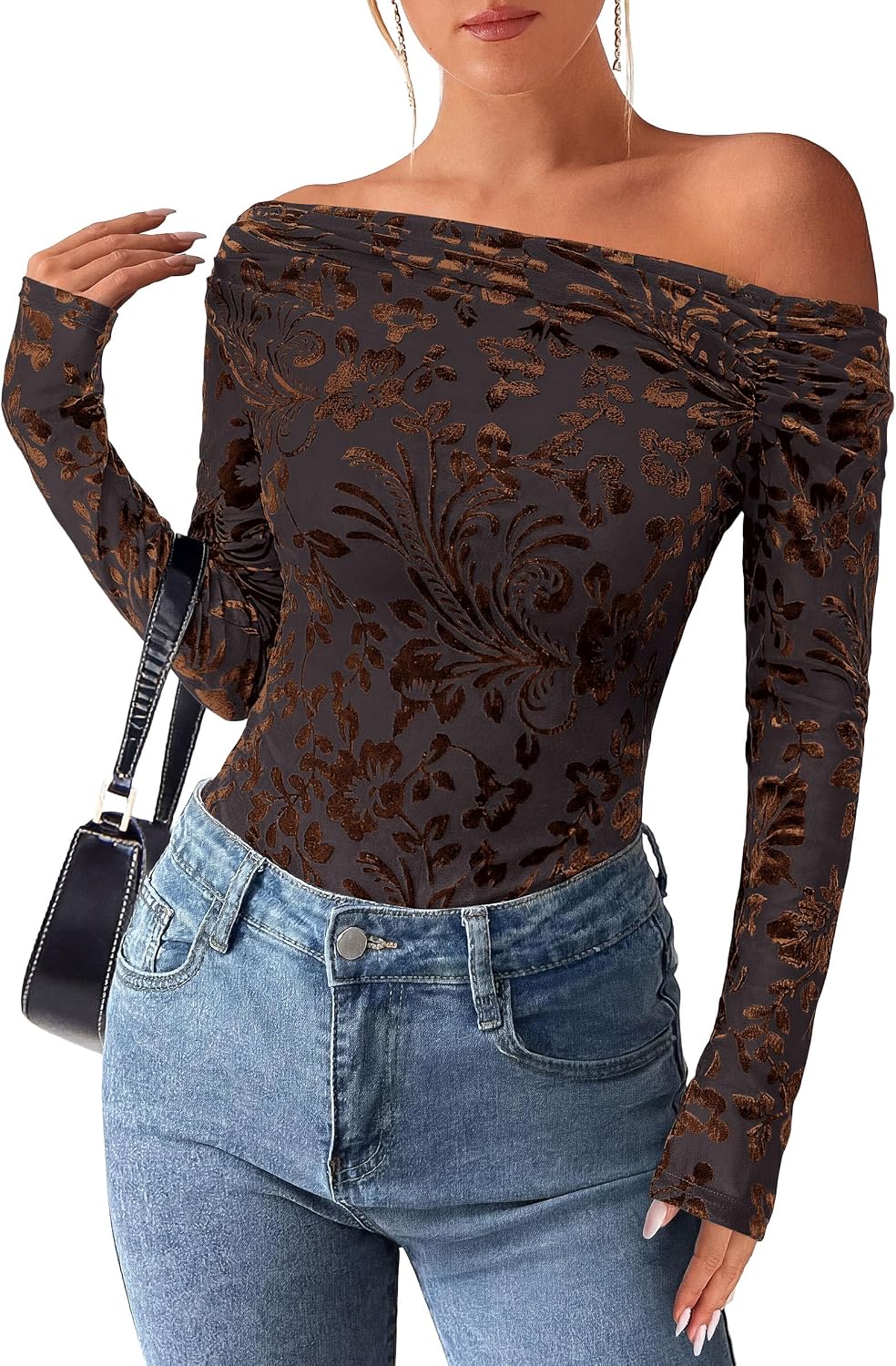 Juliet Women's Floral Off-Shoulder Top – Asymmetric Neckline, Long Sleeves & Slim Fit