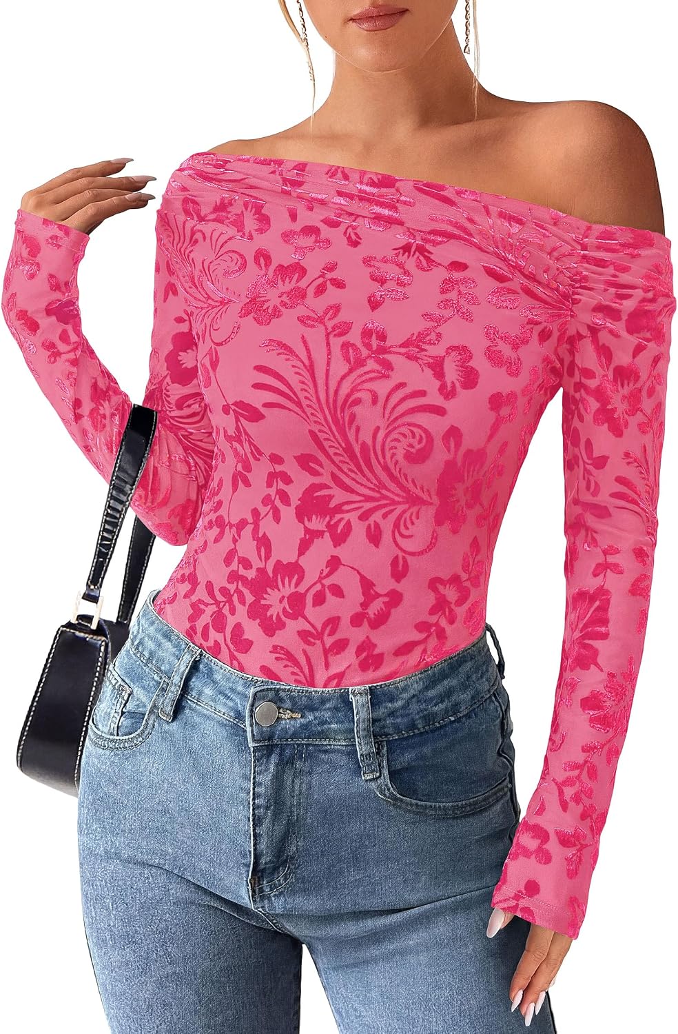 Juliet Women's Floral Off-Shoulder Top – Asymmetric Neckline, Long Sleeves & Slim Fit