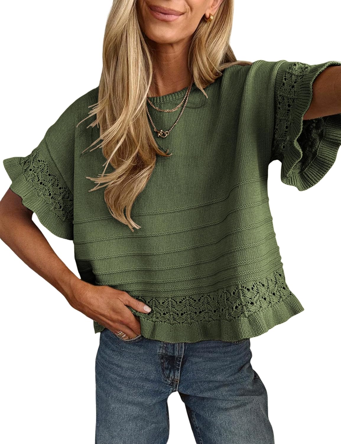 Olivia Women's Ruffle Knit Top – Round Neck, Short Sleeves & Cotton Blend