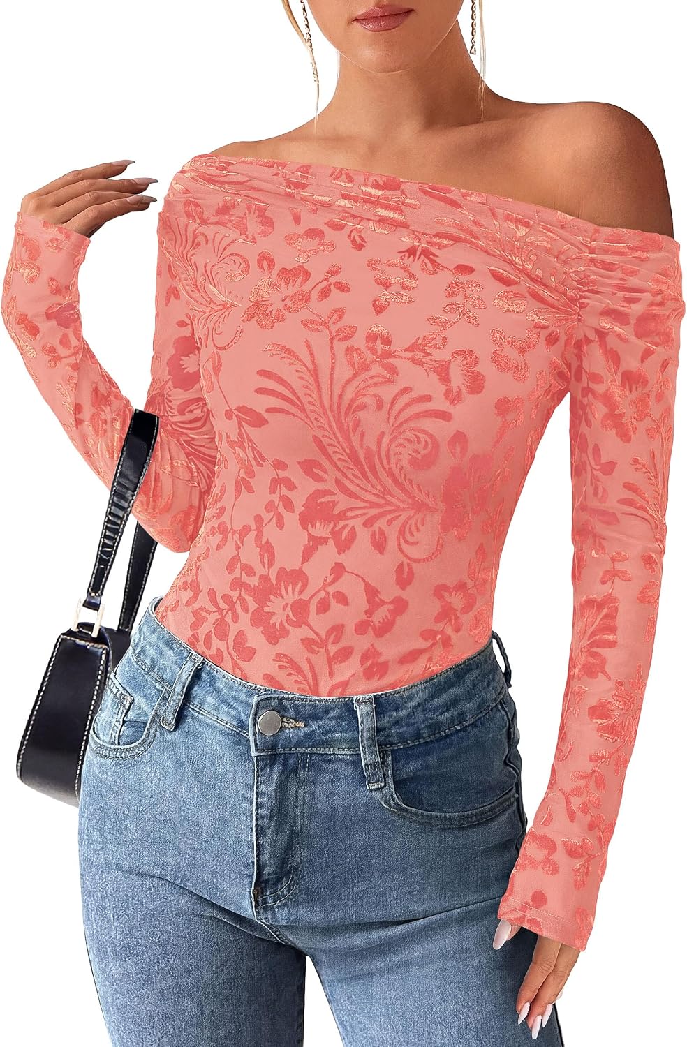 Juliet Women's Floral Off-Shoulder Top – Asymmetric Neckline, Long Sleeves & Slim Fit