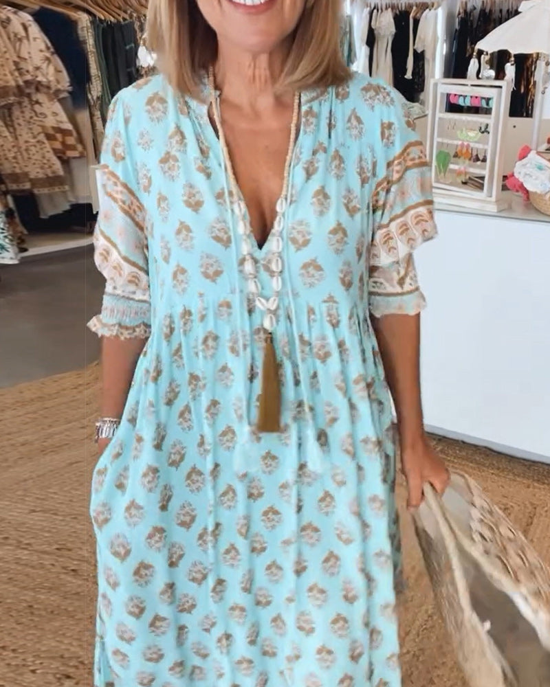 Marina Women's Dress – Printed V-Neck Dress with Mid-Length Sleeves & Comfortable Fit