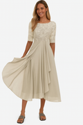 Elena Elegant Women's Dress – Lace & Chiffon Dress, A-Line Cut, Midi Length & Short Sleeves