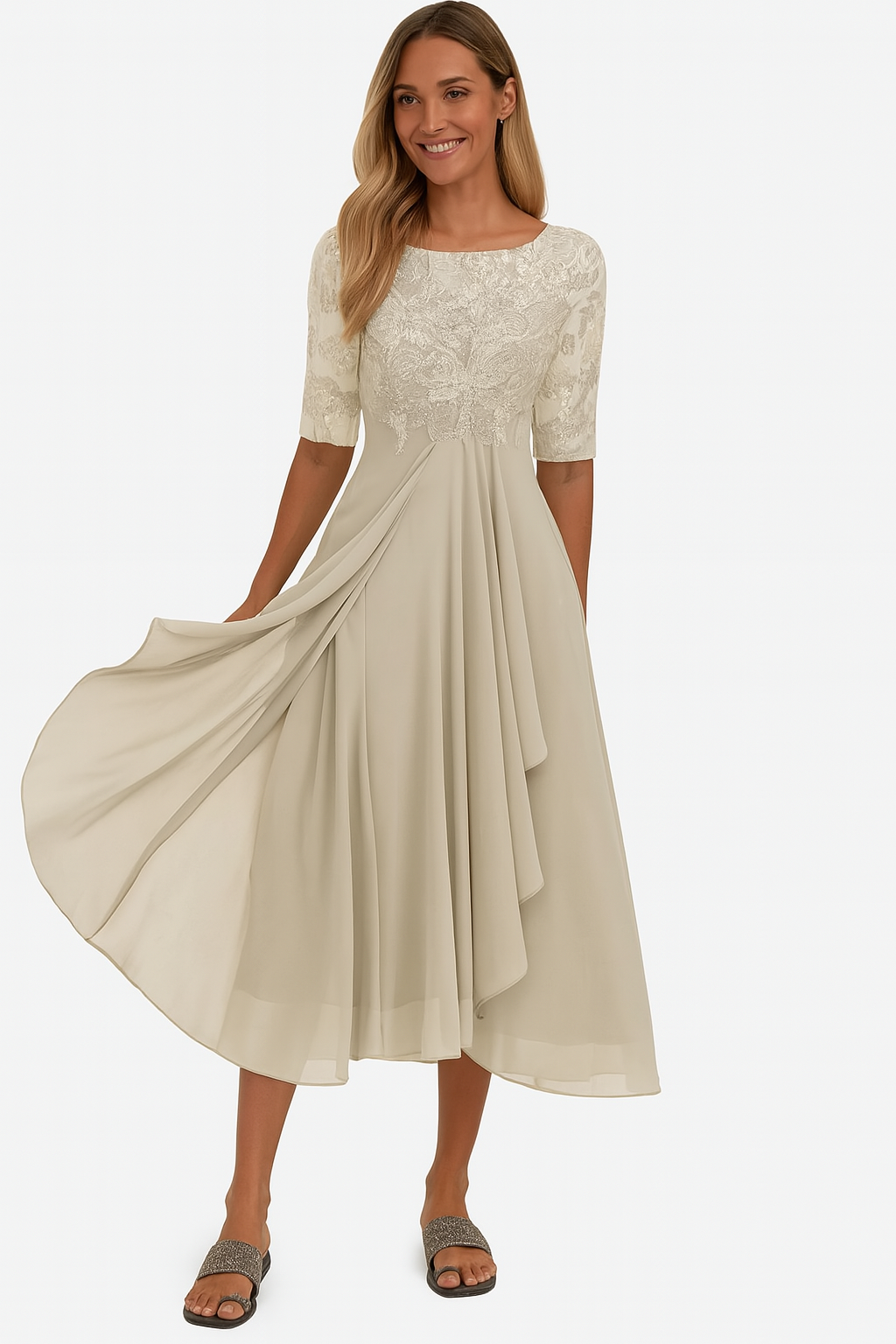 Elena Elegant Women's Dress – Lace & Chiffon Dress, A-Line Cut, Midi Length & Short Sleeves