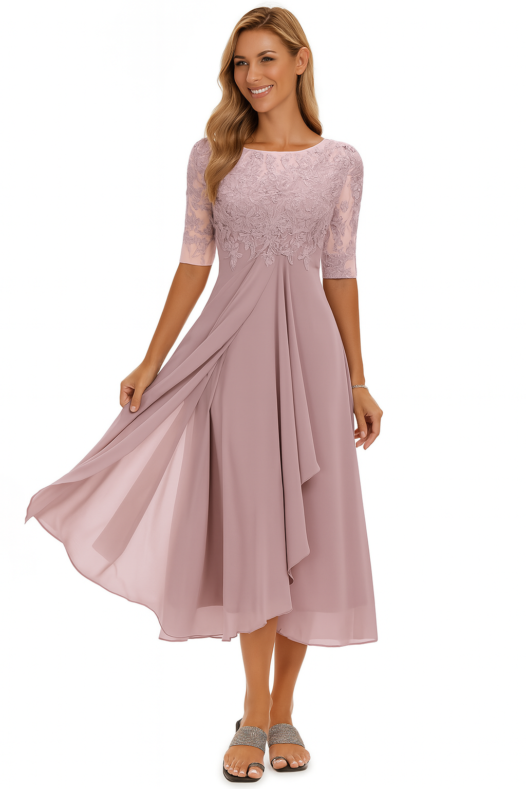 Elena Elegant Women's Dress – Lace & Chiffon Dress, A-Line Cut, Midi Length & Short Sleeves