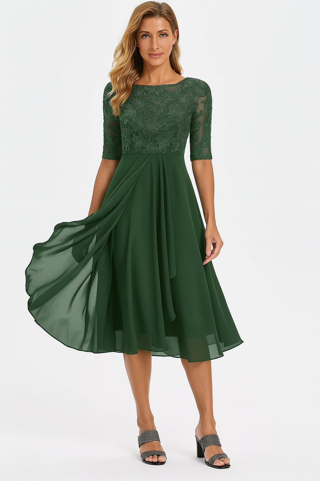 Elena Elegant Women's Dress – Lace & Chiffon Dress, A-Line Cut, Midi Length & Short Sleeves