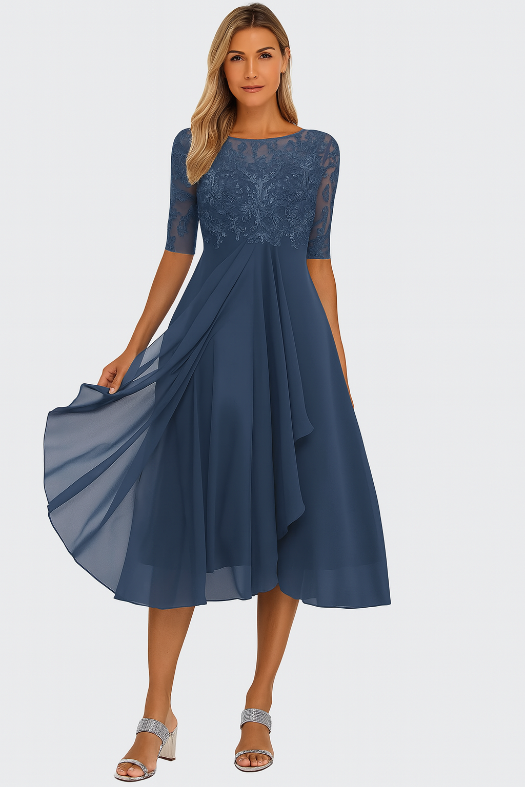 Elena Elegant Women's Dress – Lace & Chiffon Dress, A-Line Cut, Midi Length & Short Sleeves