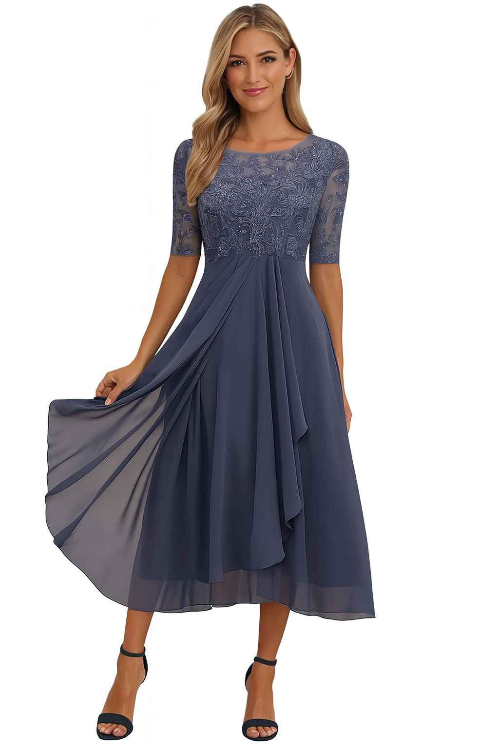 Elena Elegant Women's Dress – Lace & Chiffon Dress, A-Line Cut, Midi Length & Short Sleeves