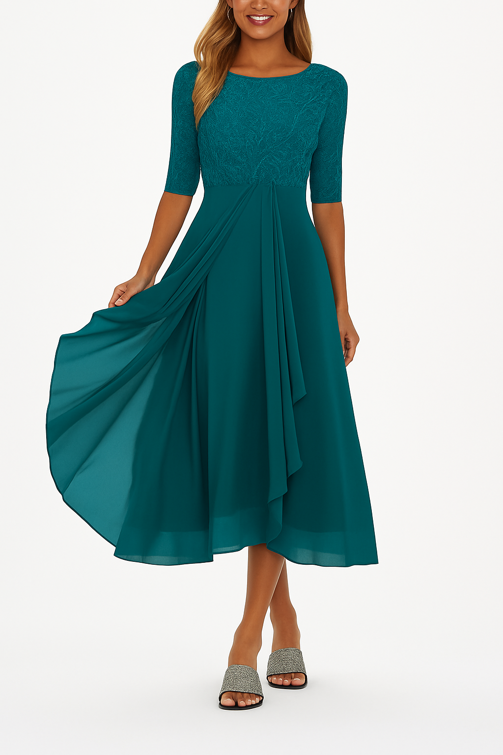 Elena Elegant Women's Dress – Lace & Chiffon Dress, A-Line Cut, Midi Length & Short Sleeves