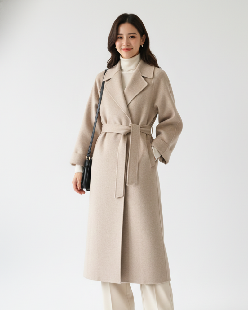 Genevieve Elegant Long Coat for Women – Wool-Blend Coat with Classic Notch Collar