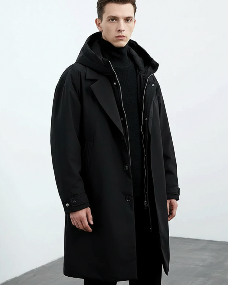 Theo Men's Long Waterproof Trench Coat – Quilted Lining, Hood & Winter Warmth