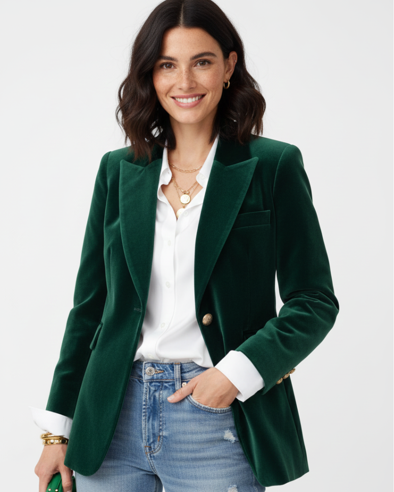 Camille Velvet Blazer for Women – Chic Green Jacket with Gold Buttons & Elegant Fit
