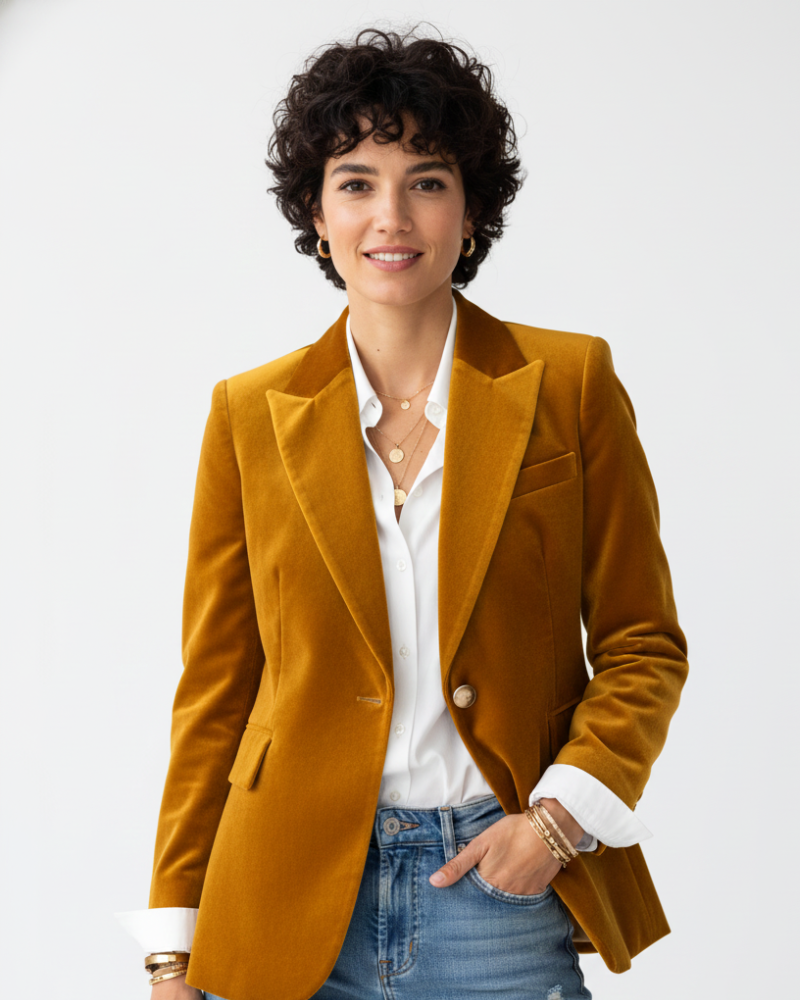 Camille Velvet Blazer for Women – Chic Green Jacket with Gold Buttons & Elegant Fit