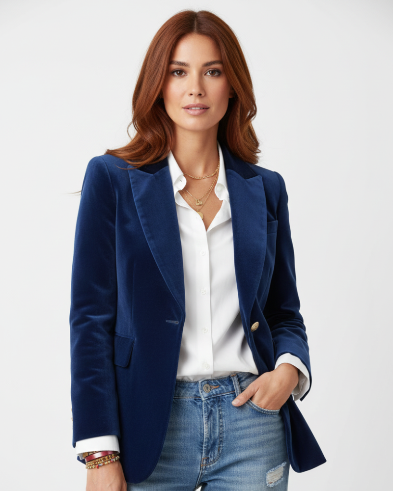 Camille Velvet Blazer for Women – Chic Green Jacket with Gold Buttons & Elegant Fit